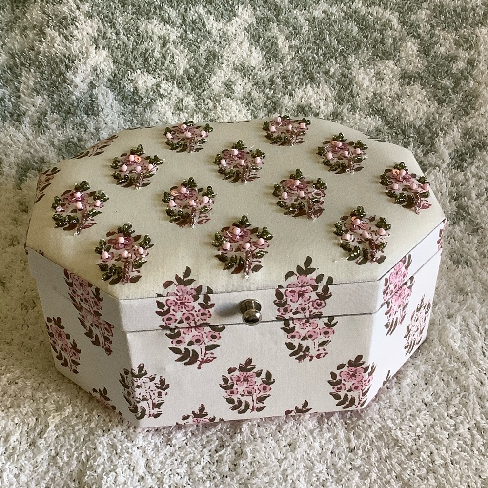 Floral Quilted Octagonal Jewelry Box India NWT